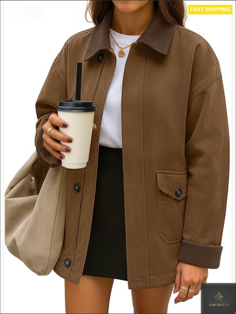 Oversized Lightweight Cotton Barn Jacket Contrast Corduroy Collar Zip Up Button